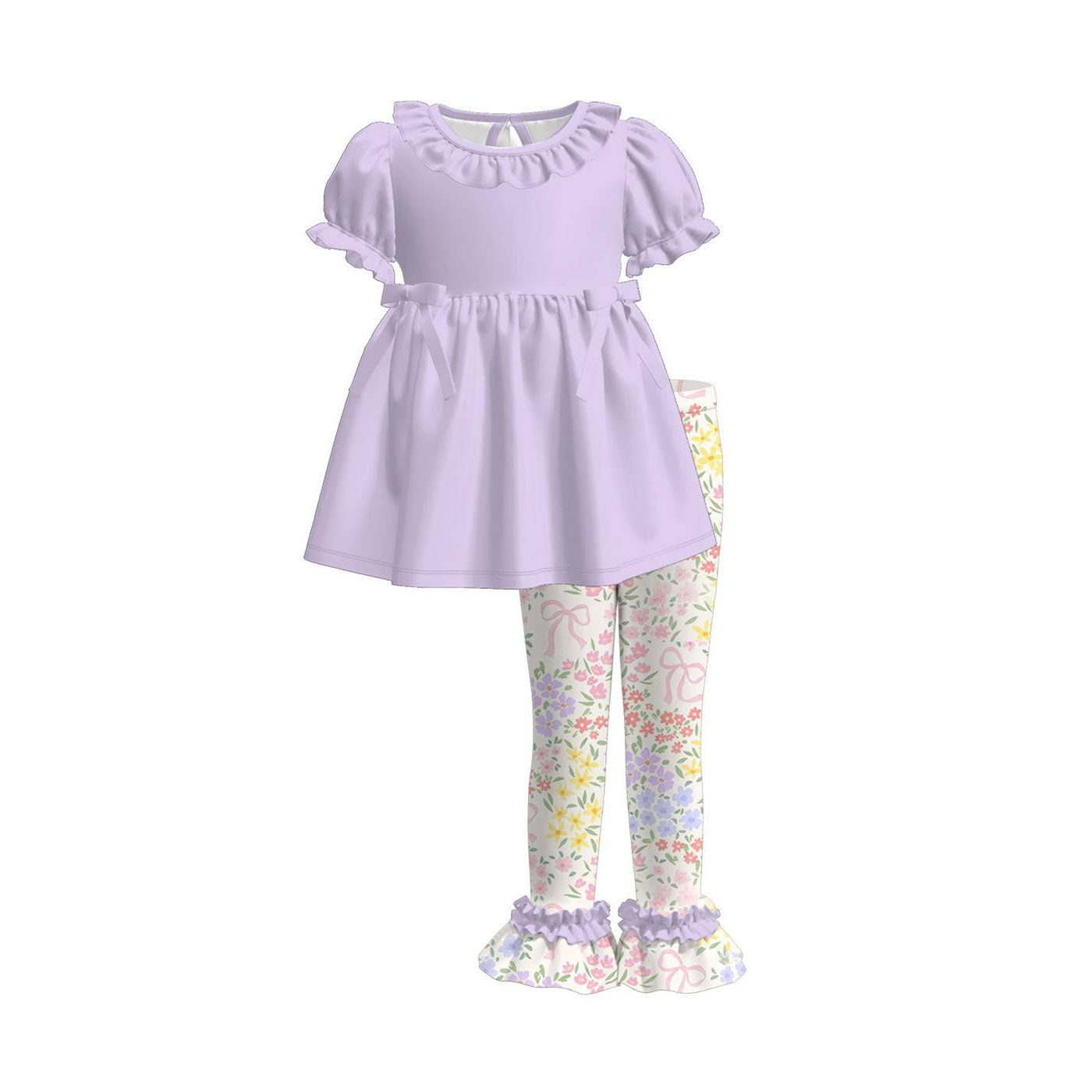 ( Moq 5 ) Preorder Baby Girls Short Sleeves Lavender Bows Tunic Floral Ruffle Pants Set