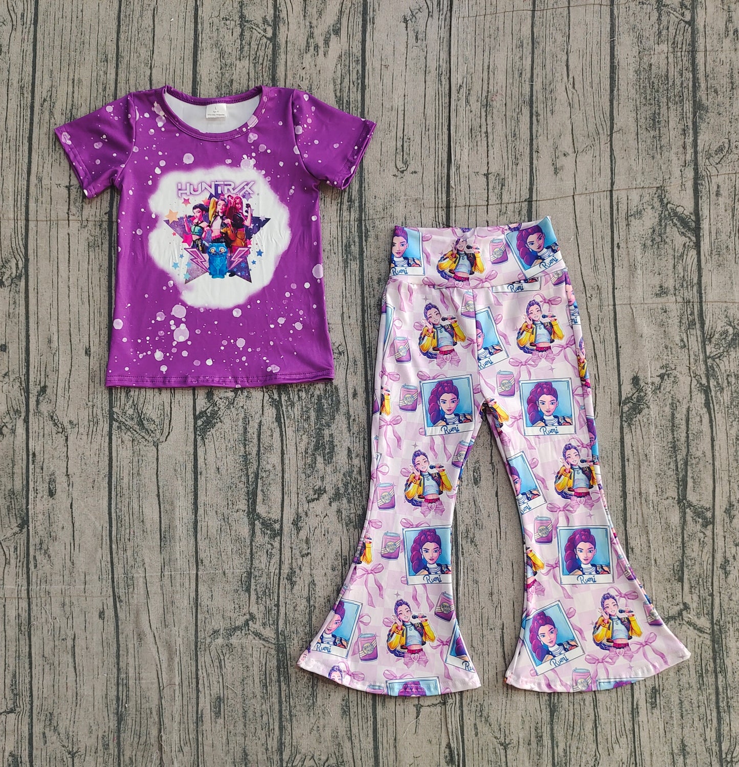 Baby Girls Short Sleeves Singer Characters Bows Shirt Pants Purple Clothes Set RTS