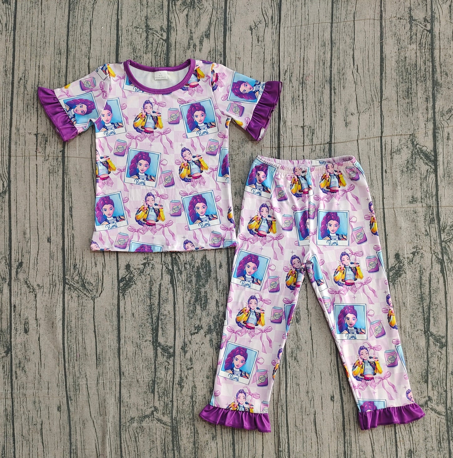 Baby Girls Short Sleeves Singer Characters Purple Bows Shirt Pants Pajamas Set RTS