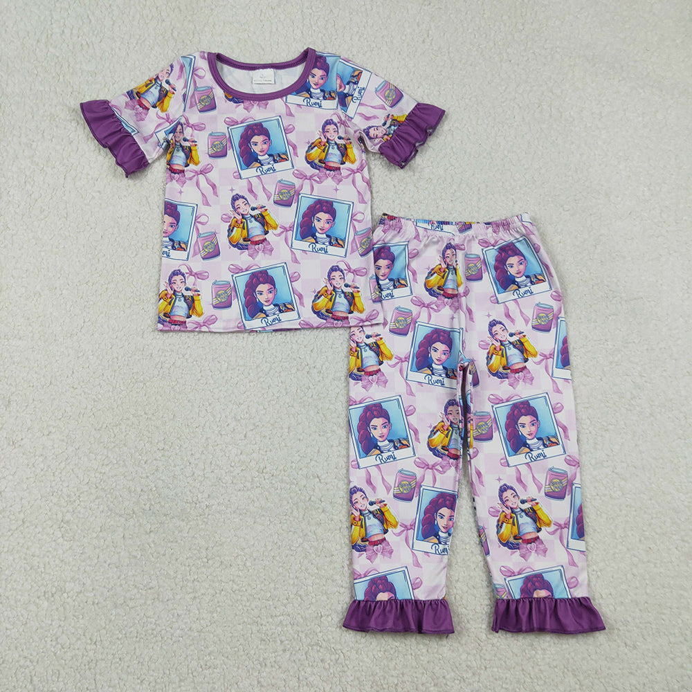 Sibling Baby Girls Adult Women Short Sleeves Singer Characters Purple Bows Dress Family Pajamas Set RTS