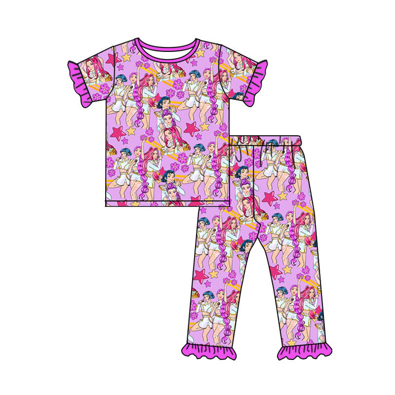 ( Moq 5 ) Preorder Baby Girls Short Sleeves Singer Stars Flowers Shirt Pants Pajamas Set