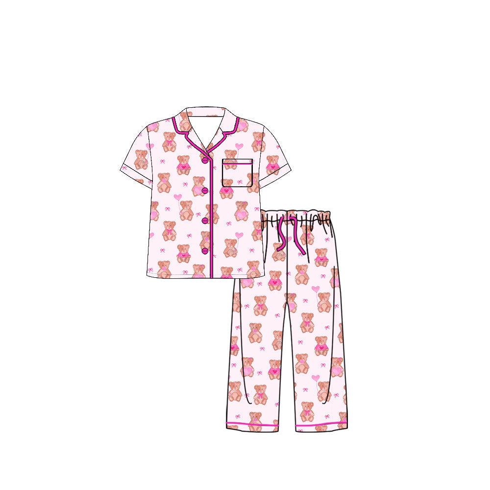 ( Moq 5 ) Preorder Adult Women Short Sleeves Bear Hearts Buttons Shirt Pants Pajamas Pink Set