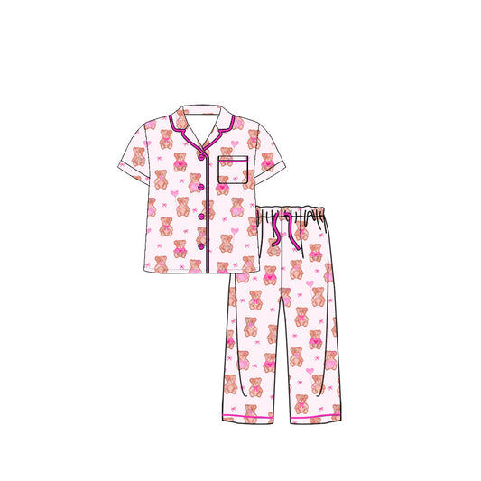 ( Moq 5 ) Preorder Adult Women Short Sleeves Bear Hearts Buttons Shirt Pants Pajamas Pink Set