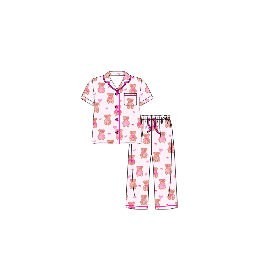 ( Moq 5 ) Preorder Baby Girls Short Sleeves Bear Hearts Buttons Shirt Pants Pajamas Pink Set