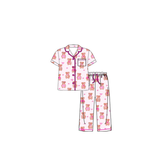 ( Moq 5 ) Preorder Baby Girls Short Sleeves Bear Hearts Buttons Shirt Pants Pajamas Pink Set