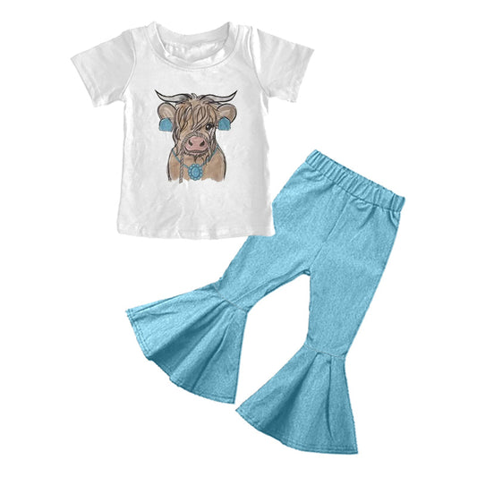 ( Moq 5 ) Preorder Baby Girls Short Sleeves Cow Tops Blue Bell Bottoms Pants Western Clothes Set