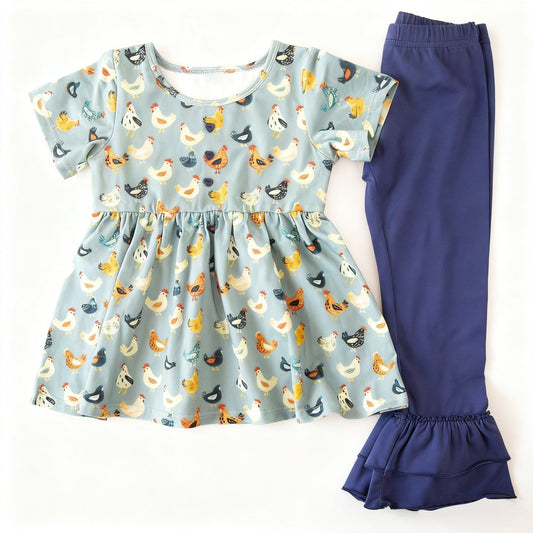 ( Moq 5 ) Preorder Baby Girls Short Sleeves Chicken Tunic Navy Ruffle Pants Clothes Set
