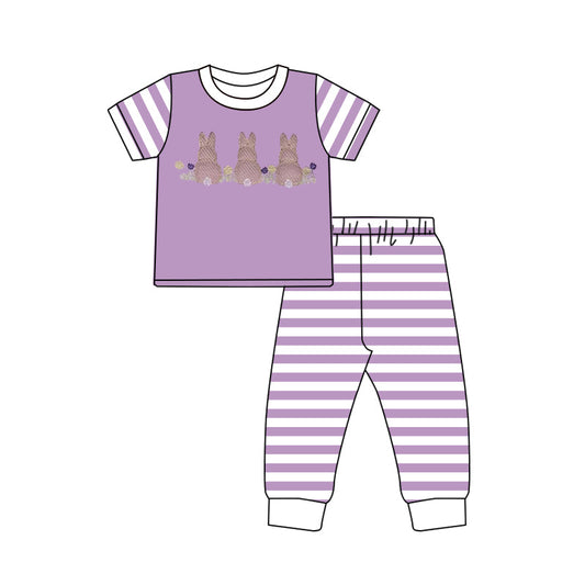 ( Moq 5 ) Preorder Baby Girls Rabbits Flowers Shirt Purple Stripes Pants Easter Pajamas Set