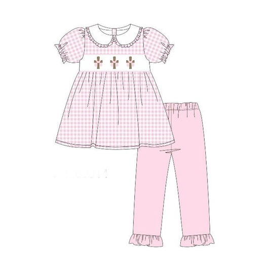 ( Moq 5 ) Preorder Baby Girls Short Sleeves Crosses Plaid Tunic Tops Pink Pants Easter Clothes Set