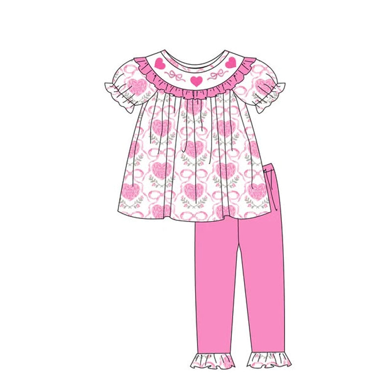 ( Moq 5 ) Preorder Baby Girls  Hearts Bows Floral Tunic Pink Pants Set Valentines Clothes