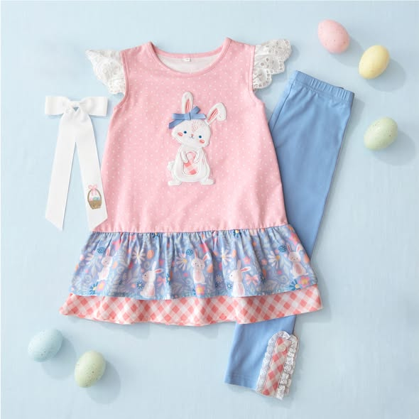 ( Moq 5 ) Preorder Baby Girls Short Sleeves Rabbits Bows Ruffle Tunic Pants Easter Clothes Set