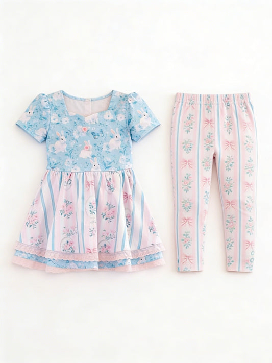 ( Moq 5 ) Preorder Baby Girls Short Sleeves Rabbits Tunic Flowers Pants Easter Clothes Set