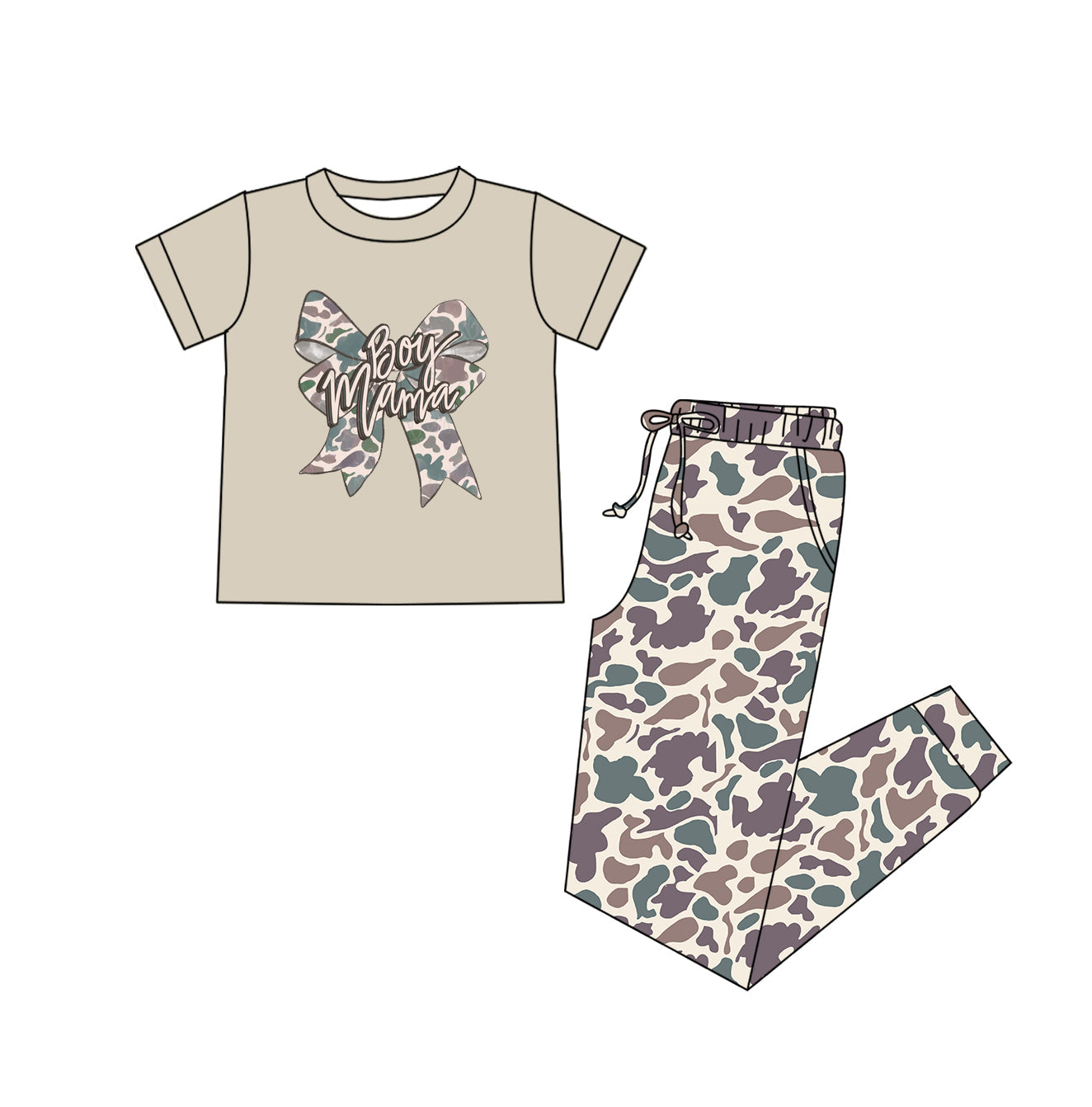 ( Moq 5 ) Preorder Adult Women Short Sleeves Boy Mama Bow Shirt Camo Pockets Pants Clothes Set