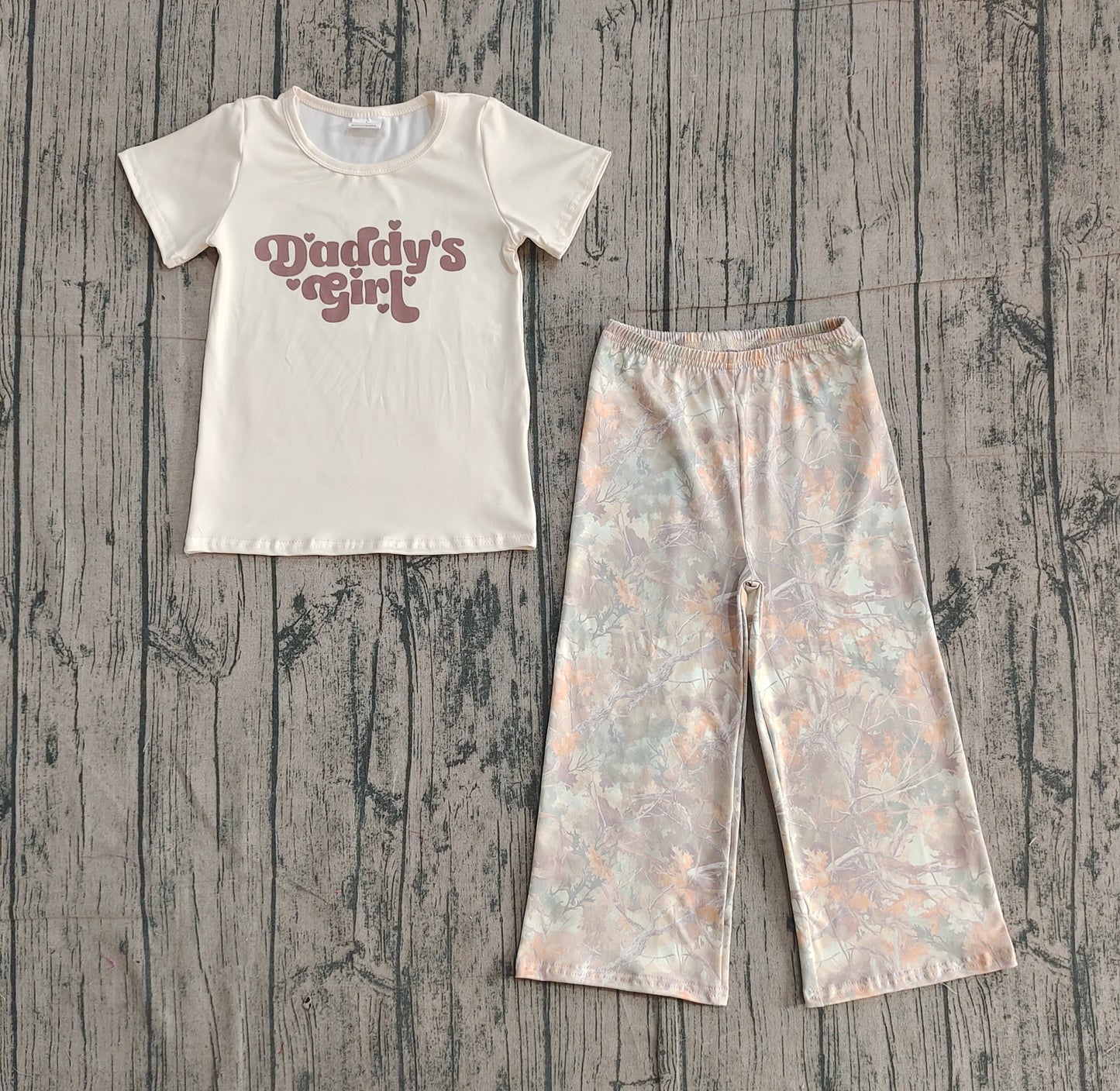 Baby Kids Short Sleeves Daddy's Girl Hearts Shirt Camo Pants Clothes Set RTS