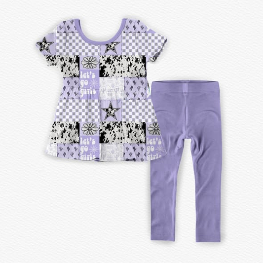 ( Moq 5 ) Preorder Baby Girls Kids Western Cactus Cow Print Tops Purple Pants Set