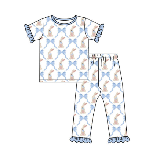 ( Moq 5 ) Preorder Baby Girls Short Sleeves Bows Rabbits Shirt Pants Easter Pajamas Set
