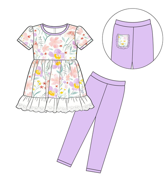 ( Moq 5 ) Preorder Baby Girls Short Sleeves Flower Ruffle Tunic Purple Pocket Pants Clothes Set