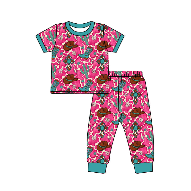 ( Moq 5 ) Preorder Baby Girls Cactus Boots Pink Cow Print Shirt Crosses Pants Easter Pajamas Clothes Set