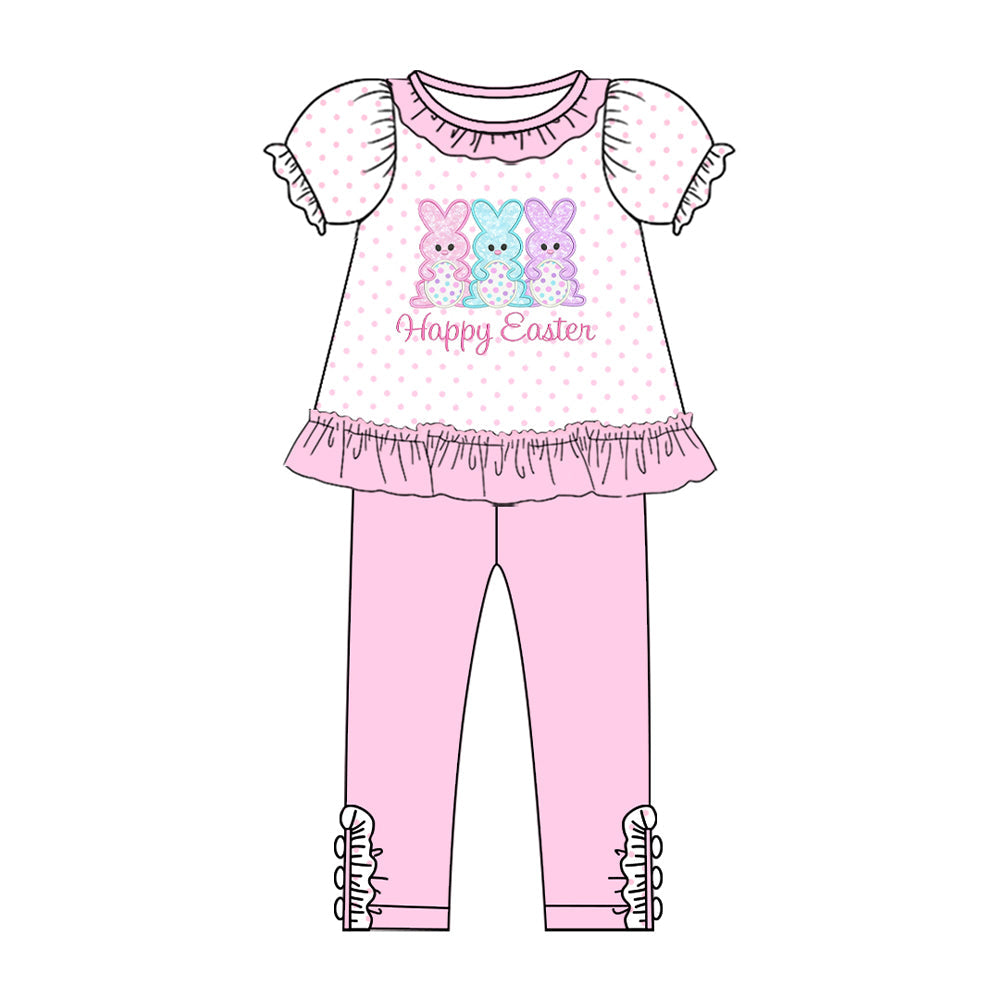 ( Moq 5 ) Preorder Baby Girls Short Sleeves Rabbits Dots Tops Ruffle Pants Easter Clothes Set