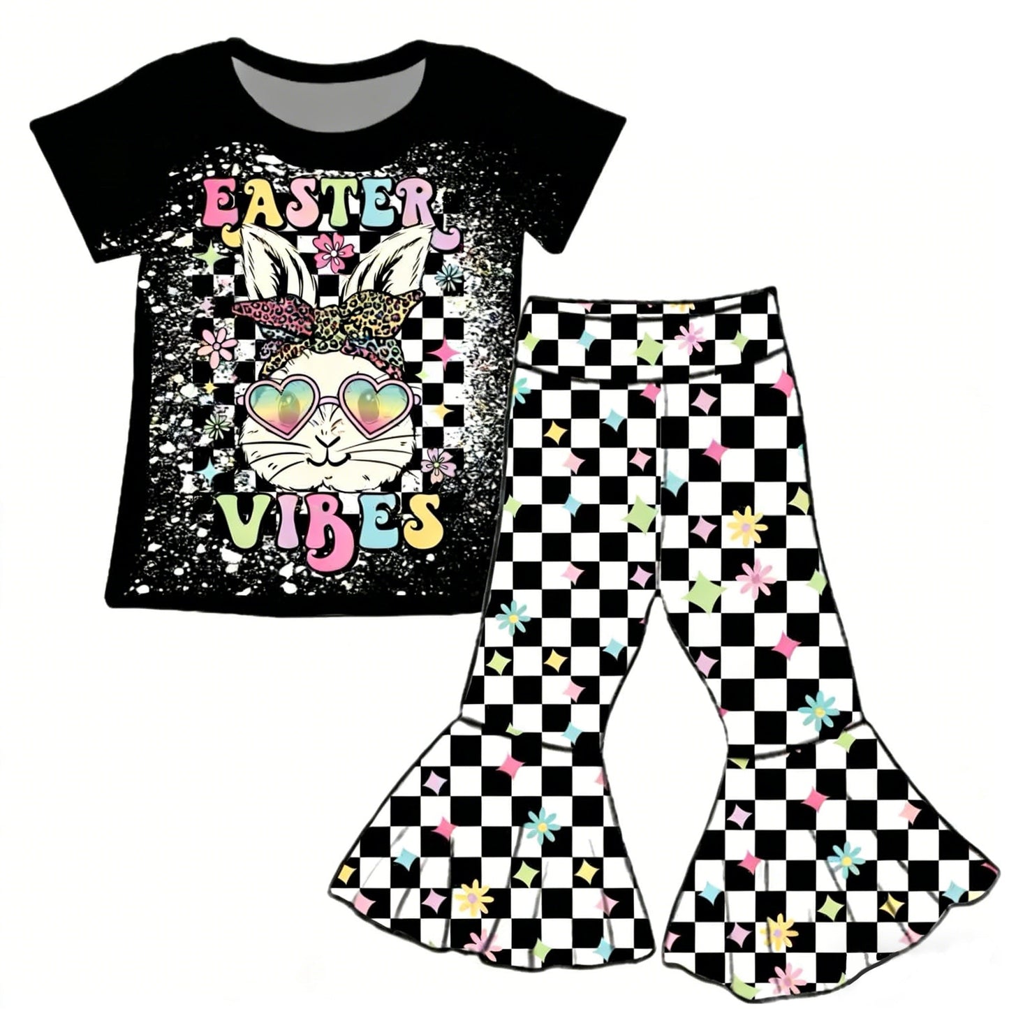 ( Moq 5 ) Preorder Baby Girls Short Sleeves Black Short Sleeves Rabbit Shirt Checked Bell Pants Easter Set