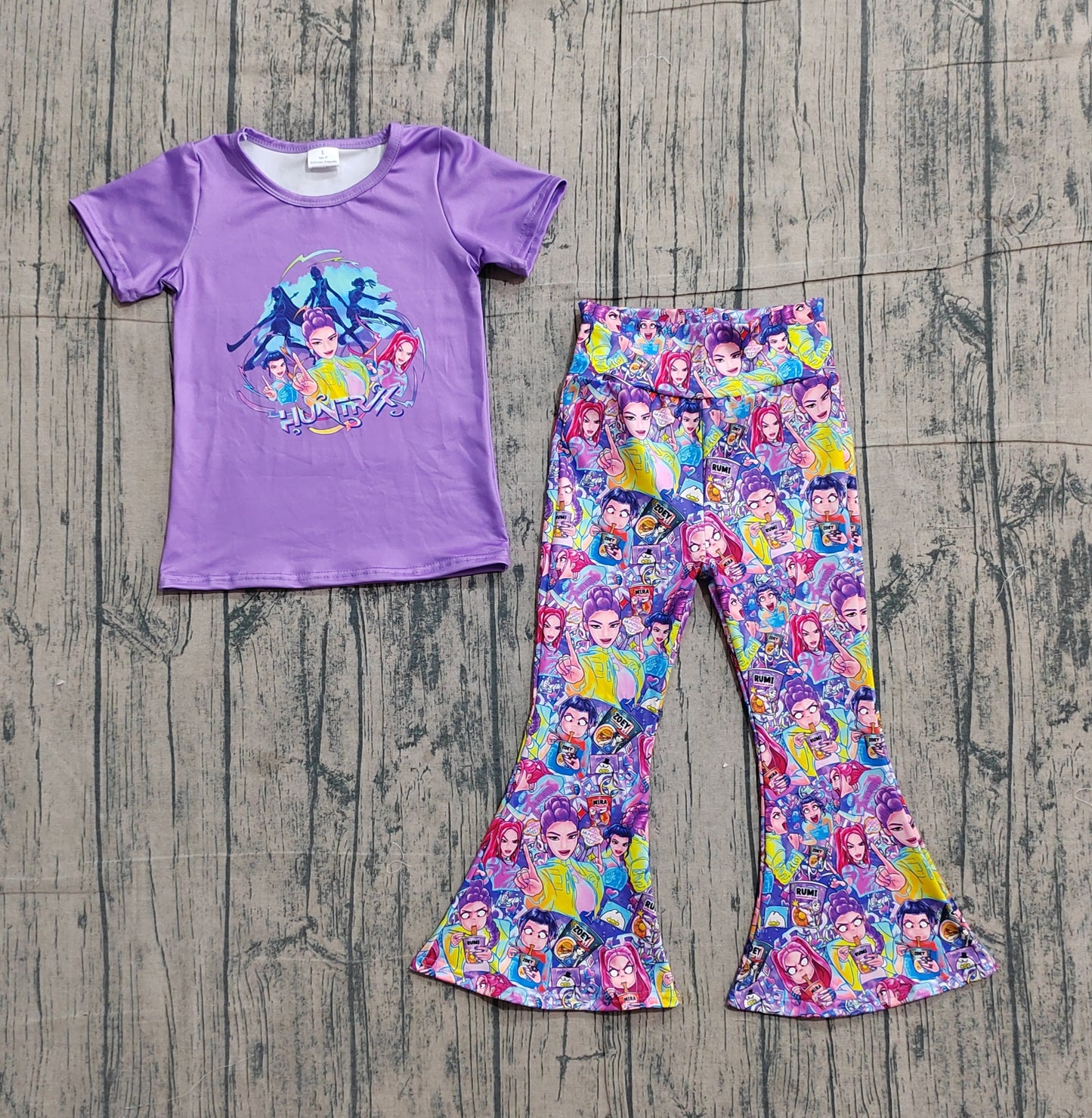 Baby Girls Kids Short Sleeves Purple Shirt Singer Characters Bell Pants Set RTS