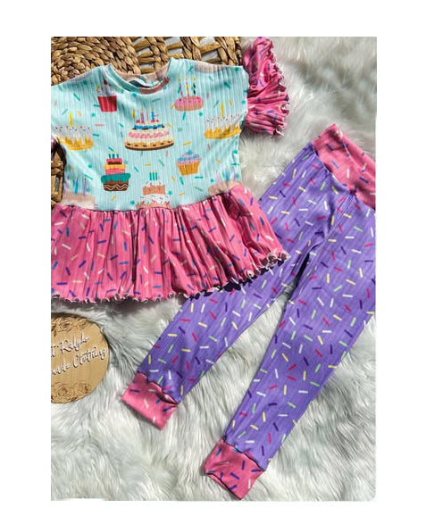 ( Moq 5 ) Preorder Baby Girls Short Sleeves Cakes Ruffle Tops Sprinkles Pants Happy Birthday Set