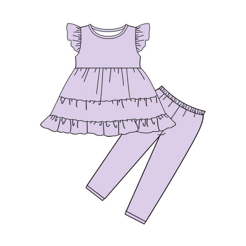 ( Moq 5 ) Preorder Baby Girls Short Sleeves Ruffle Tunic Legging Pants Purple Clothes Set