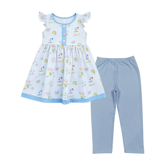 ( Moq 5 ) Preorder Baby Girls Short Sleeves Ducks Flower Buttons Tunic Blue Pants Set