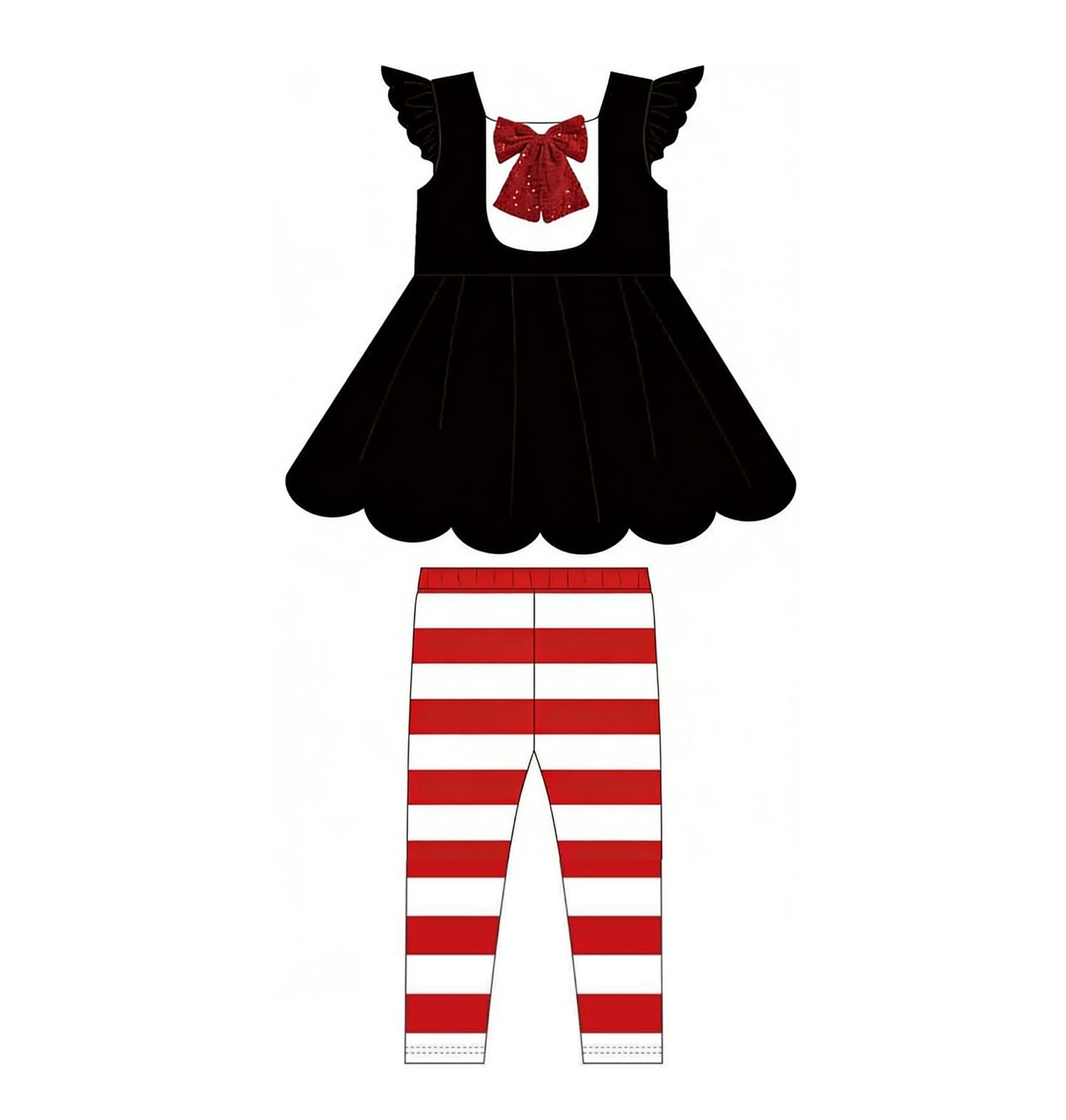 ( Moq 5 ) Preorder Baby Girls Kids Short Sleeves Black Tunic Red Stripes Leggings Pants Set