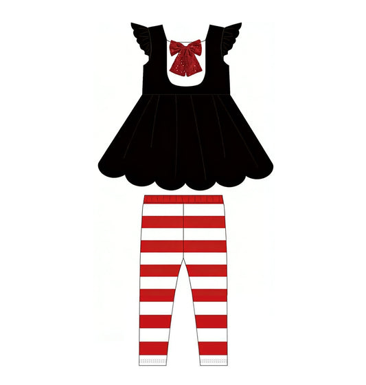 ( Moq 5 ) Preorder Baby Girls Kids Short Sleeves Black Tunic Red Stripes Leggings Pants Set