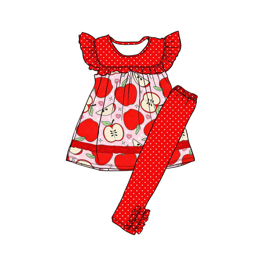 ( Moq 5 ) Preorder Baby Girls Apple Hearts Tunic Red Ruffle Pants Back to School Clothes Set