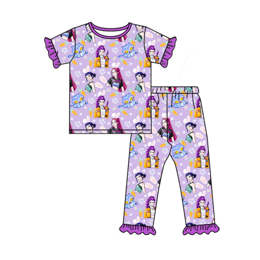 ( Moq 5 ) Preorder Baby Girls Kids Short Sleeves Rabbits Singer Shirt Pants Easter Pajamas Purple Set