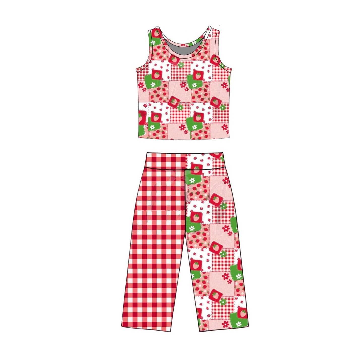 ( Moq 5 ) Preorder Baby Girls Kids Sleeveless Strawberry Tops Plaid Pants Set Clothes