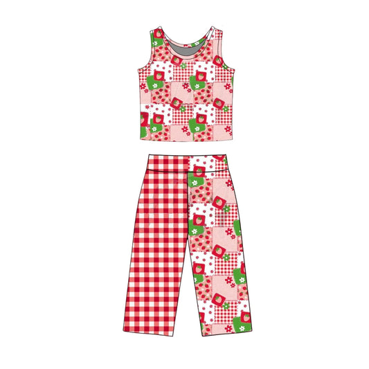 ( Moq 5 ) Preorder Baby Girls Kids Sleeveless Strawberry Tops Plaid Pants Set Clothes