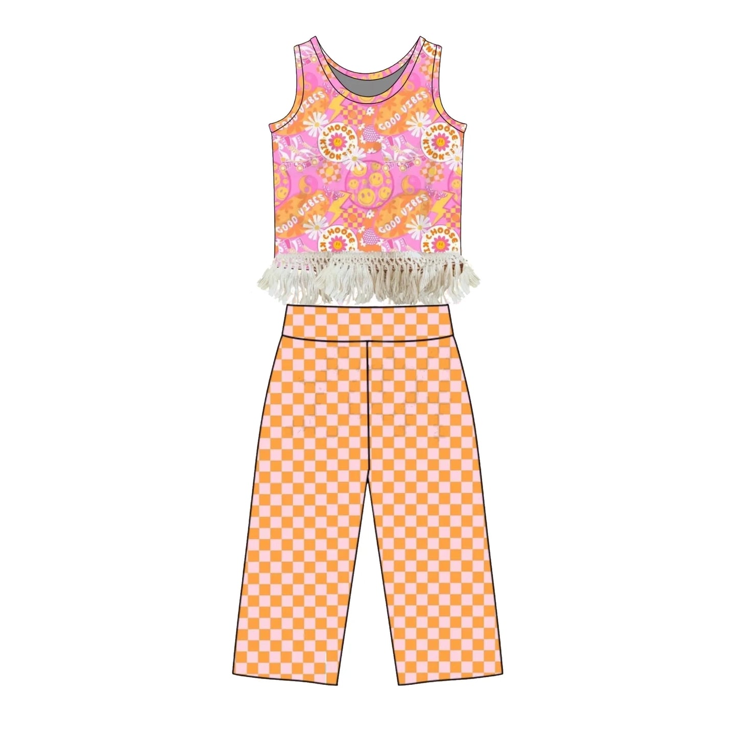 ( Moq 5 ) Preorder Baby Girls Kids Sleeveless Flower Smile Tassel Tops Plaid Pants Set Clothes