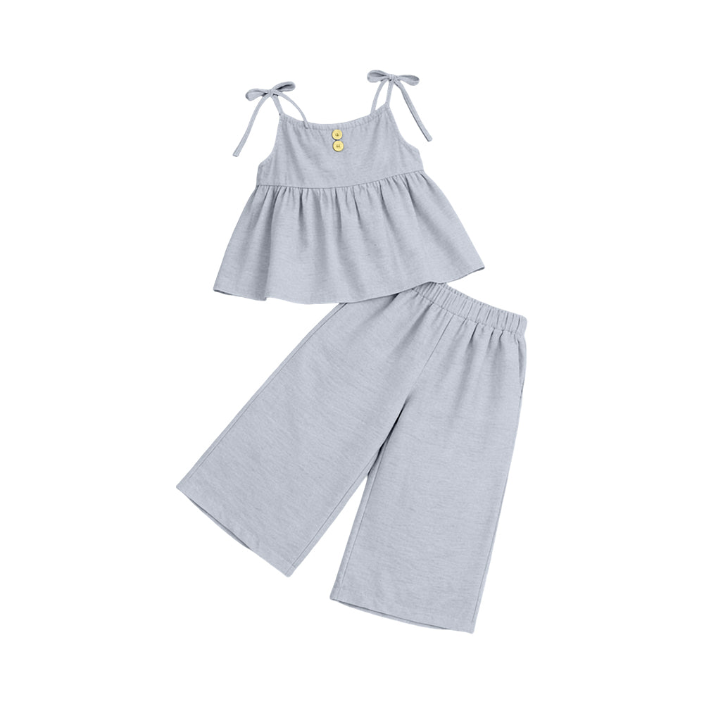 ( Moq 5 ) Preorder Baby Girls Kids Strap Buttons Tops Pants Grey Set Clothes