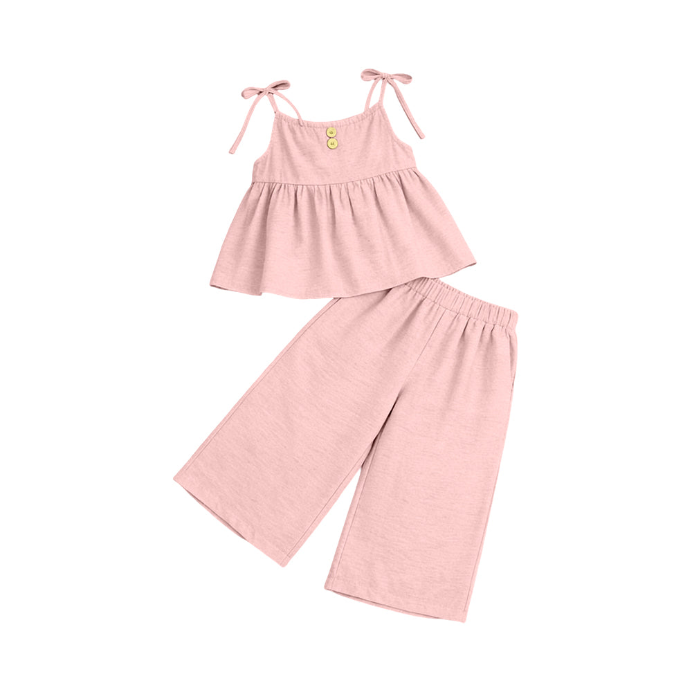 ( Moq 5 ) Preorder Baby Girls Kids Strap Buttons Tops Pants Pink Set Clothes