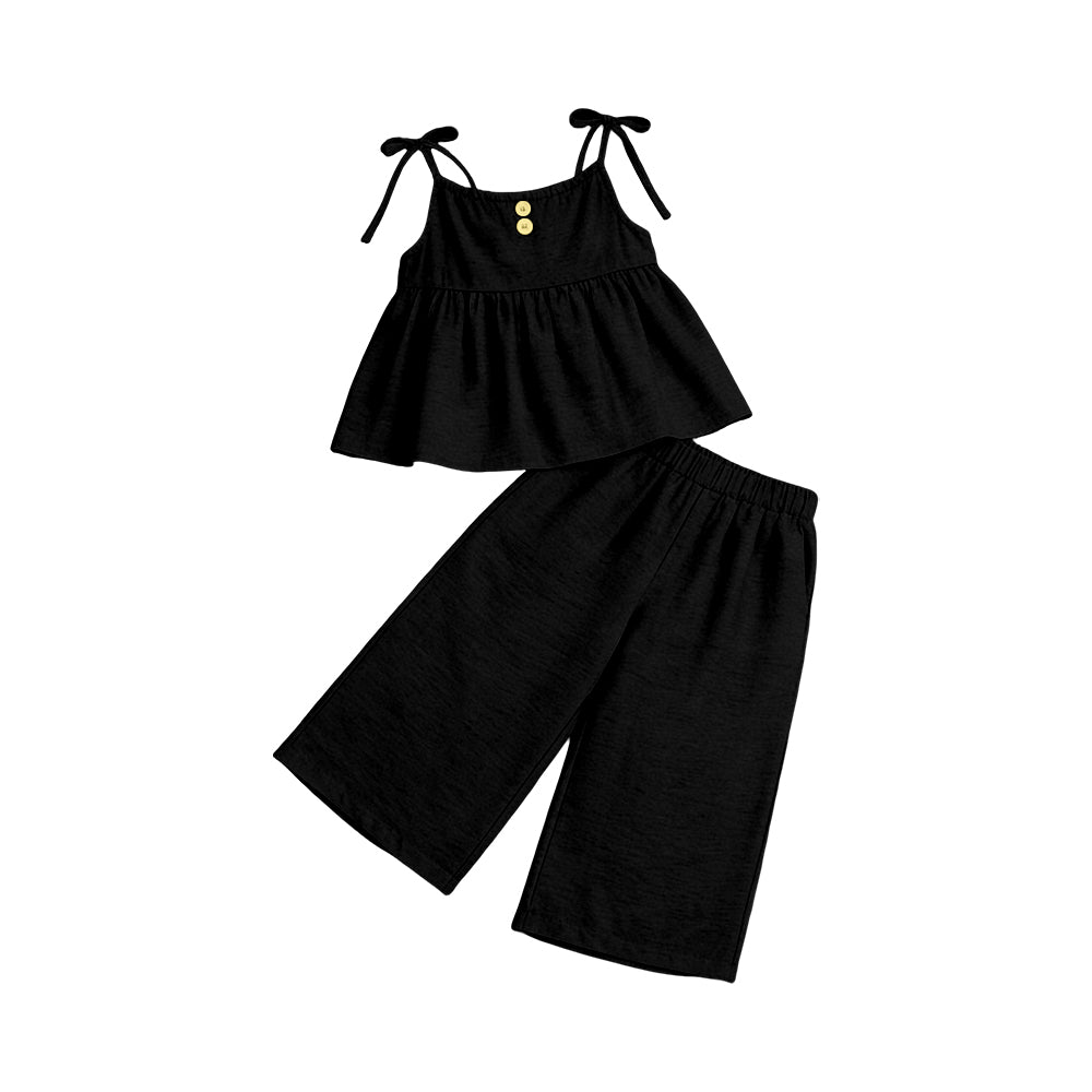 ( Moq 5 ) Preorder Baby Girls Kids Strap Buttons Tops Pants Black Set Clothes