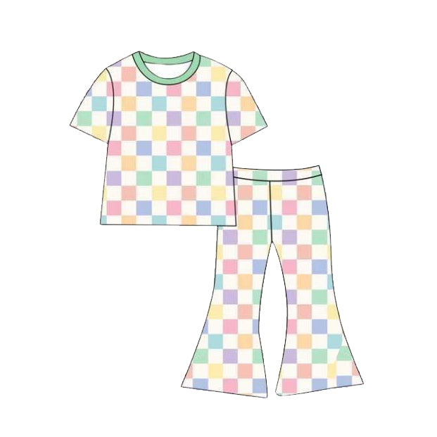 ( Moq 5 ) Preorder Baby Girls Kids Short Sleeves Colorful Checked Shirt Bell Pants Set Clothes