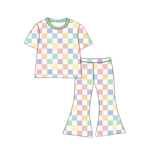 ( Moq 5 ) Preorder Baby Girls Kids Short Sleeves Colorful Checked Shirt Bell Pants Set Clothes