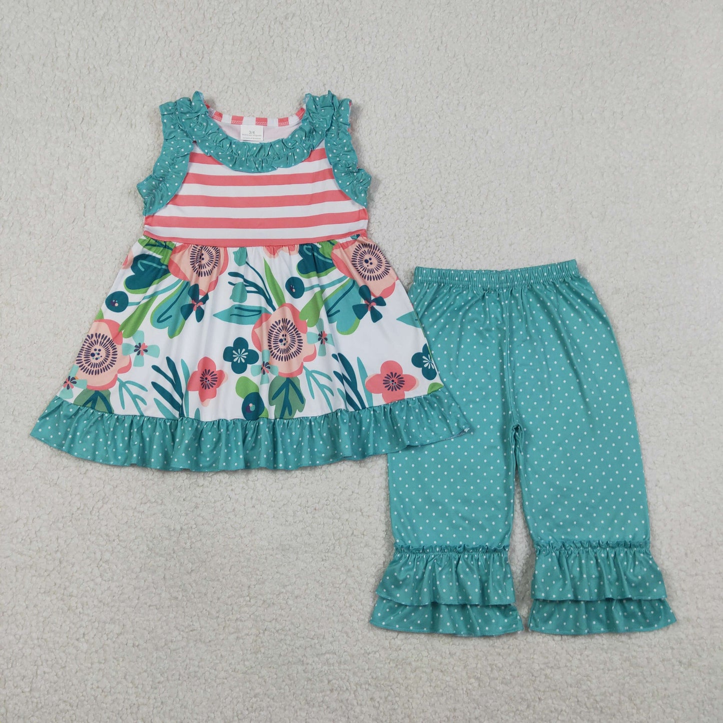 Baby Girls Kids Sleeveless Flower Stripes Tunic Dots Green Ruffle Pants Set Clothes RTS
