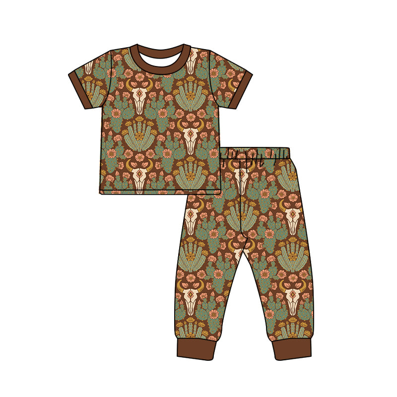 ( Moq 5 ) Preorder Baby Girls Kids Western Cow Cactus Flower Shirt Pants Pajamas Set Green Clothes