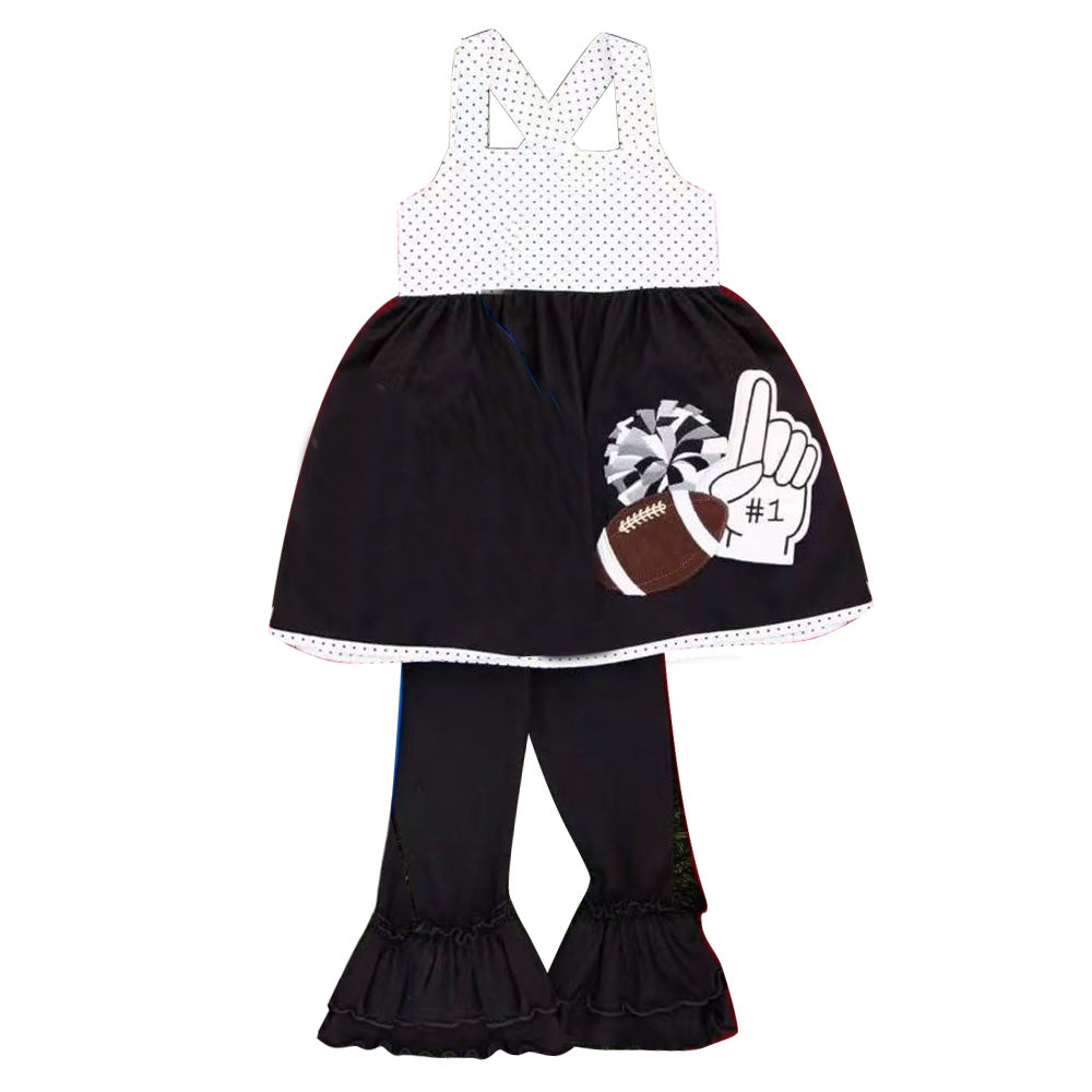 ( Moq 5 ) Preorder Baby Girls Kids Straps Football Cheer Tunic Ruffle Pants Black Set Team Clothes