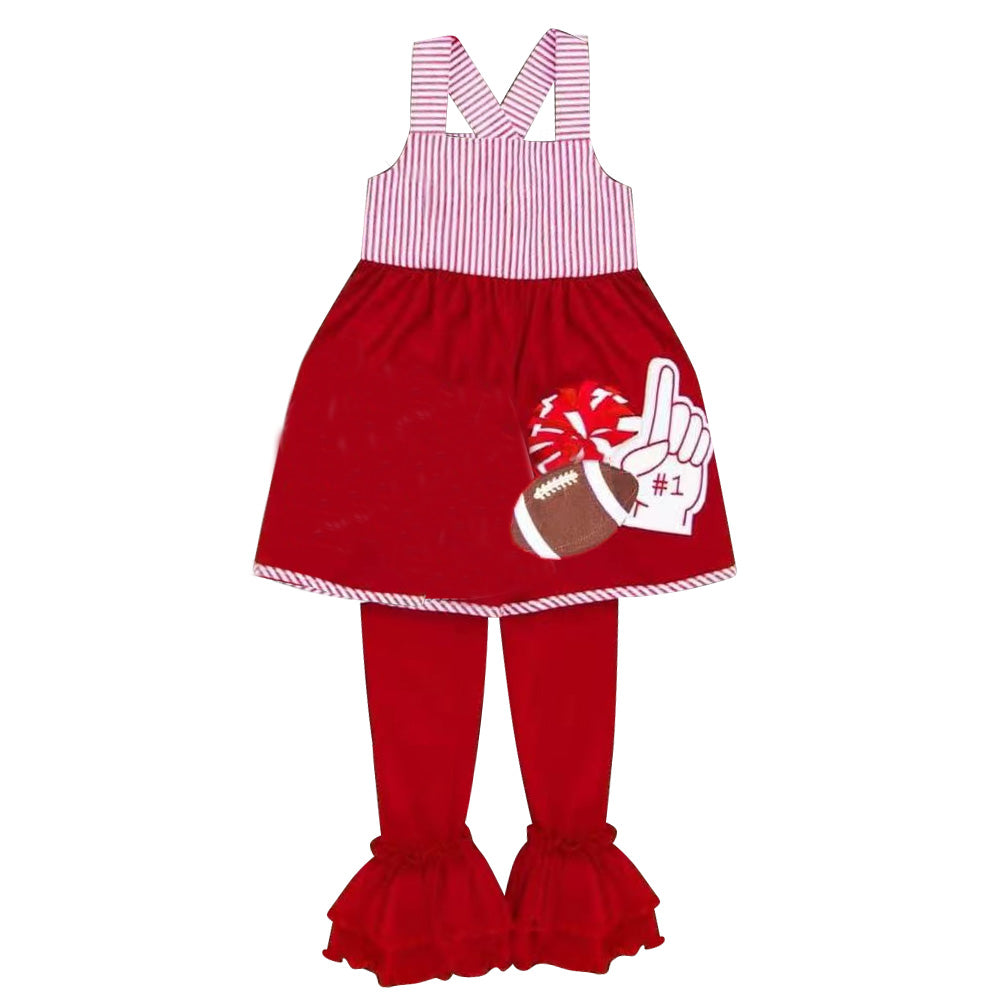 ( Moq 5 ) Preorder Baby Girls Kids Straps Football Cheer Tunic Ruffle Pants Red Set Team Clothes