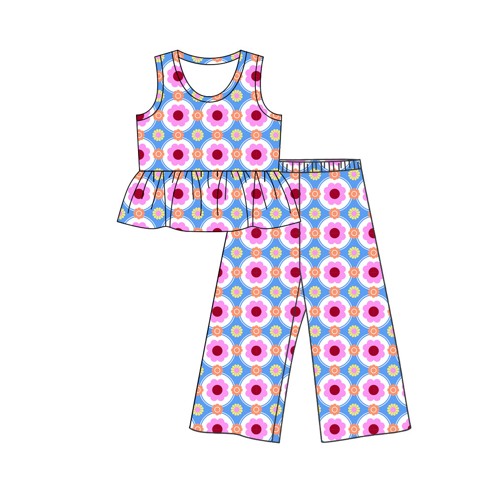 ( Moq 5 ) Preorder Baby Girls Kids Sleeveless Flower Ruffle Tops Pants Set Clothes