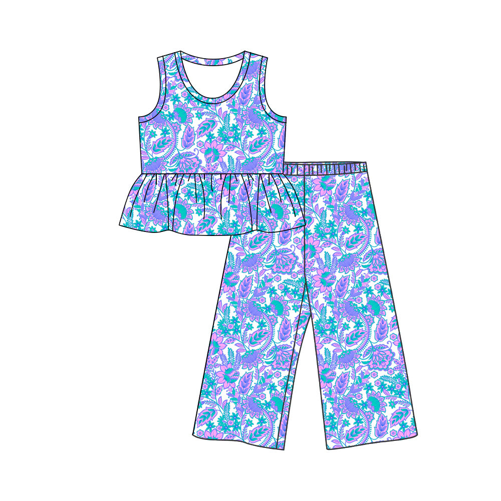 ( Moq 5 ) Preorder Baby Girls Kids Sleeveless Leaves Flower Ruffle Tunic Pants Set Clothes