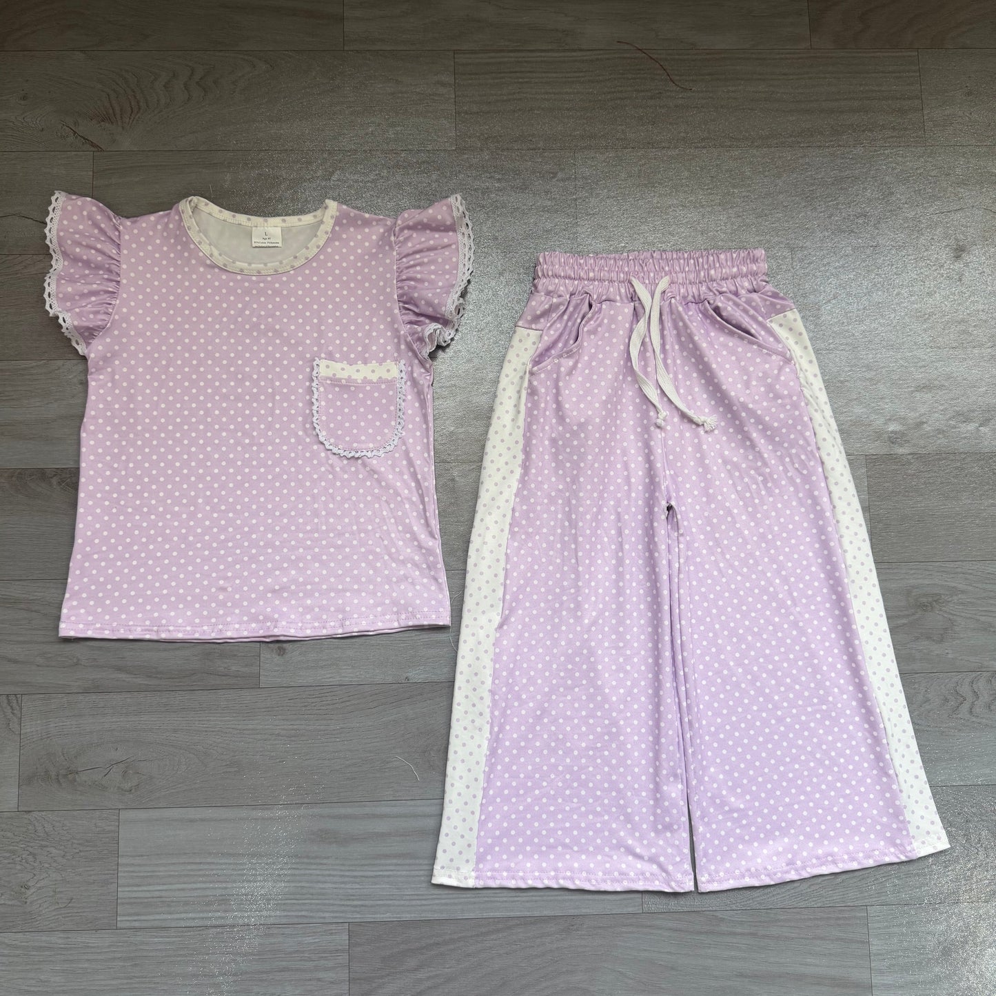 Baby Girl Kids Short Sleeves Pocket Shirt Dots Pants Lavender Set Clothes RTS