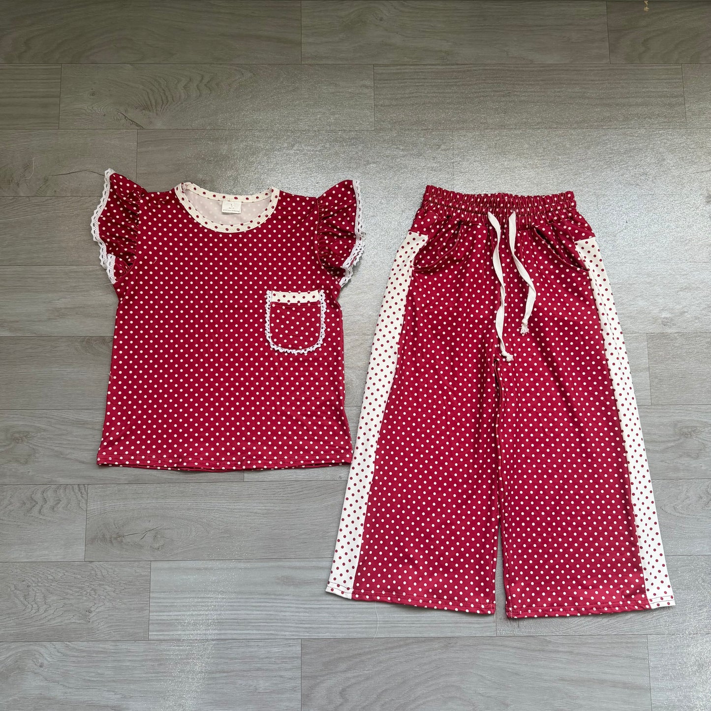 ( No moq ) Preorder Baby Girl Kids Short Sleeves Pocket Shirt Dots Pants Red Set Clothes
