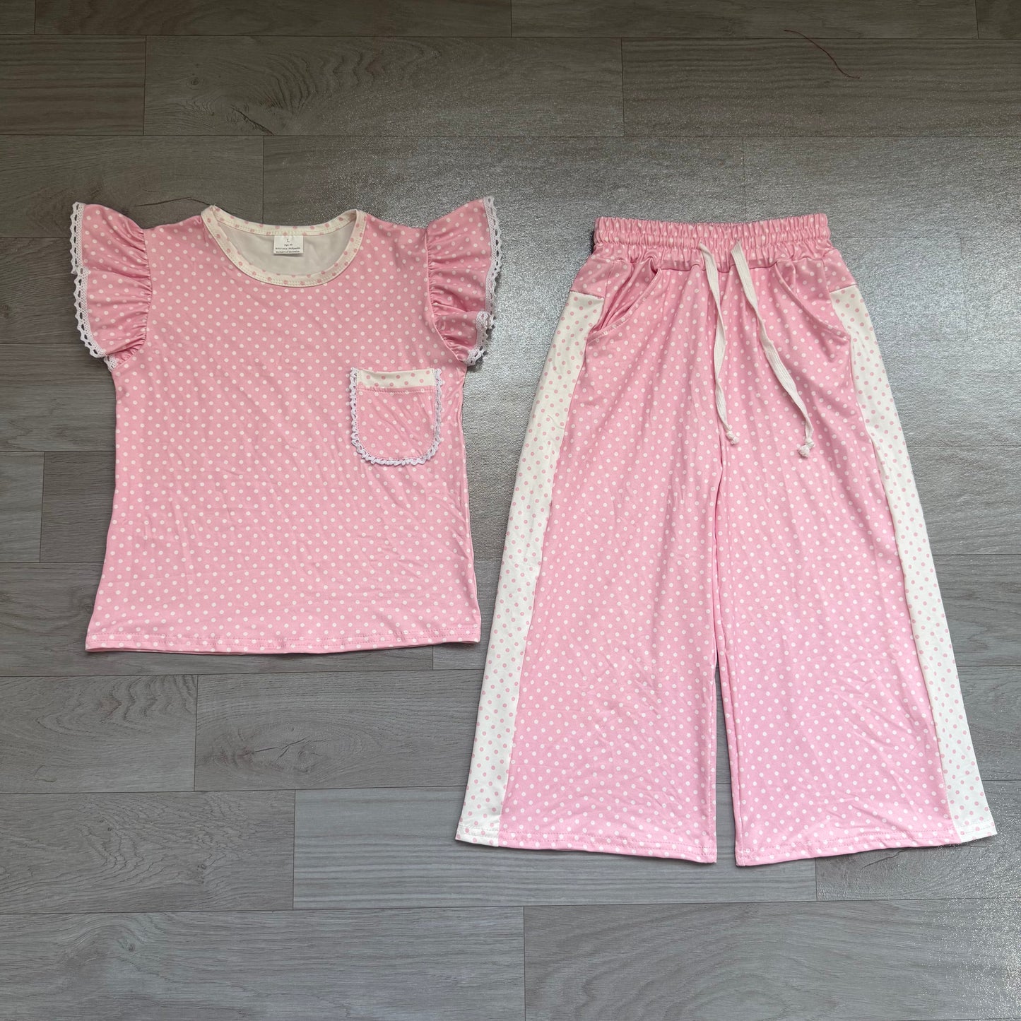 Baby Girl Kids Short Sleeves Pocket Shirt Dots Pants Pink Set Clothes RTS