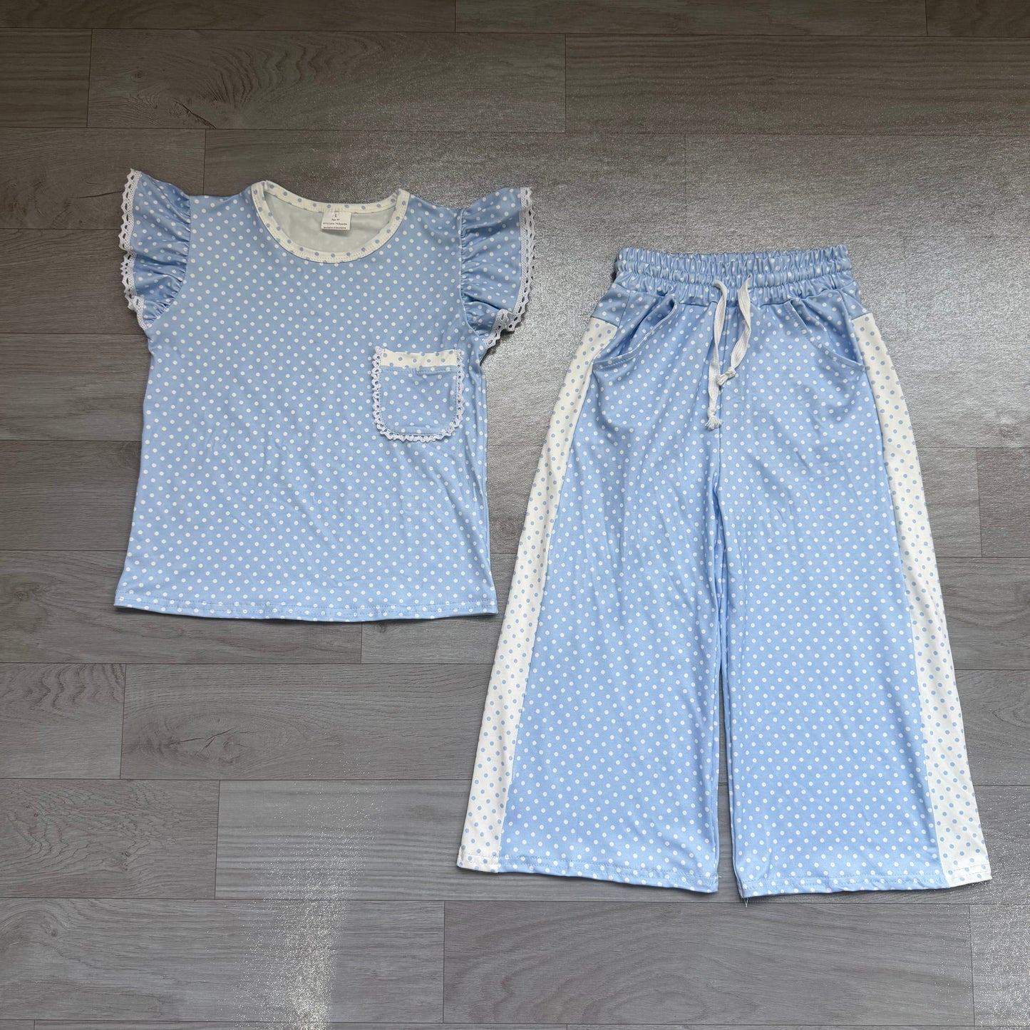 Baby Girl Kids Short Sleeves Pocket Shirt Dots Pants Blue Set Clothes RTS